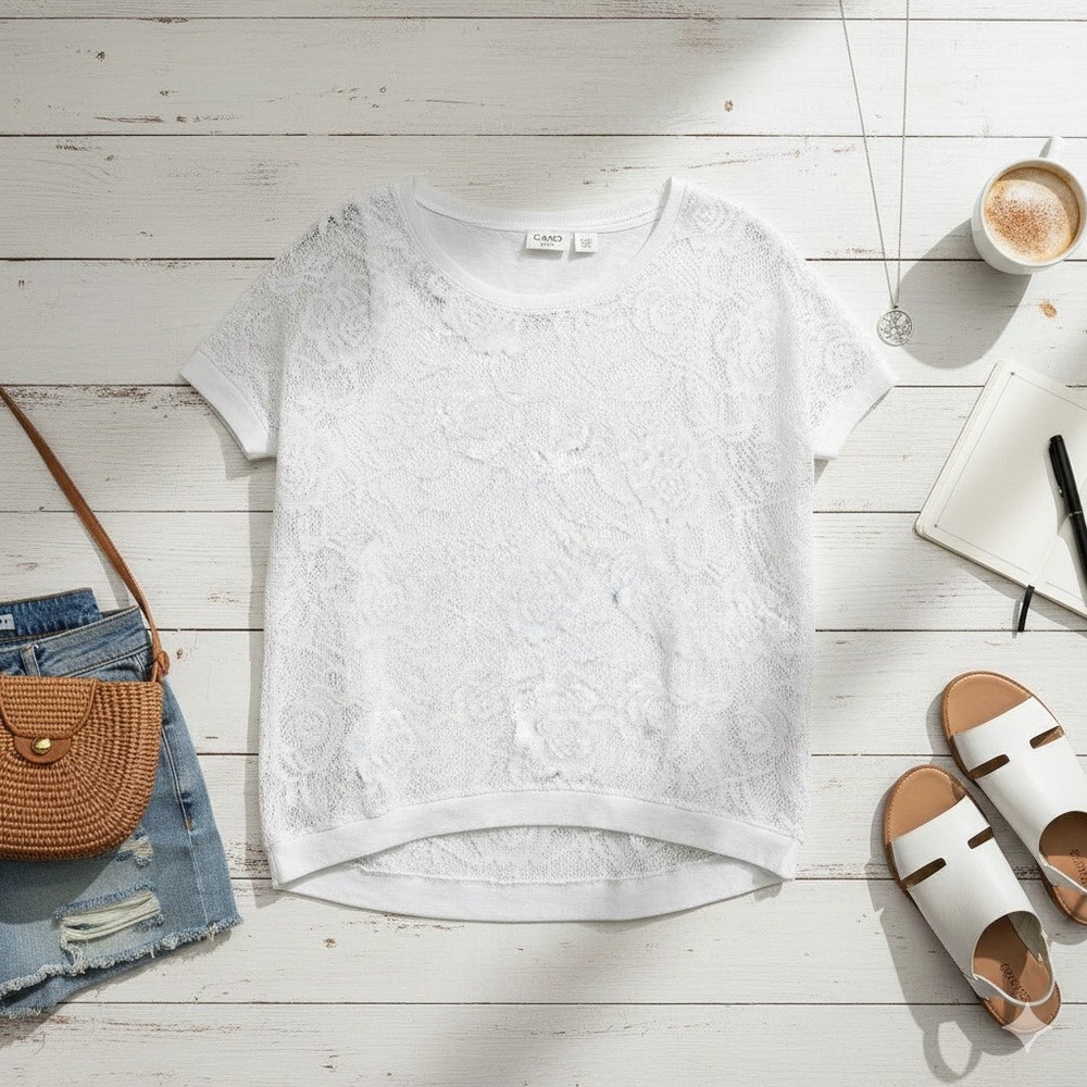 Cato White‎ Lace Top Short Sleeve Layering T Shirt Sheer Casual